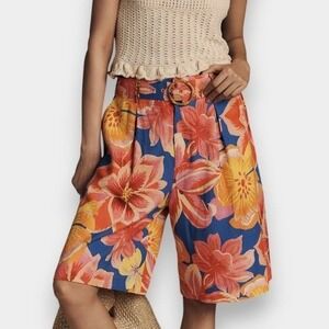 Farm Rio x Anthropologie Linen‎ Blend Belted Floral Bermuda Shorts S NWT